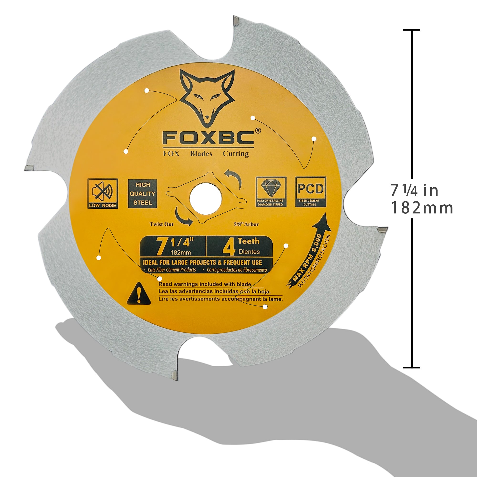 FOXBC 7-1/4 inch 4 Tooth Polycrystalline Diamond (PCD) Fiber Cement Saw Blade, 5/8 Arbor