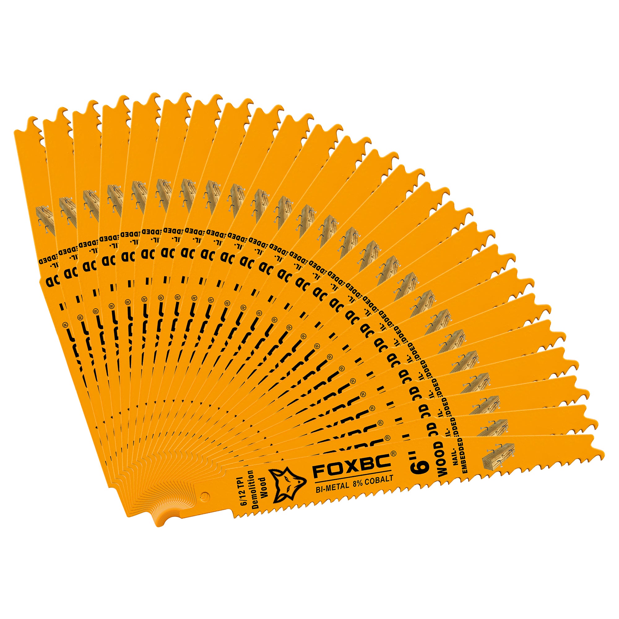 FOXBC 6 Inch 6/12 TPI Demolition Wood Reciprocating Saw Blades for Nail-Embedded, Bi-Metal, 25-Pack