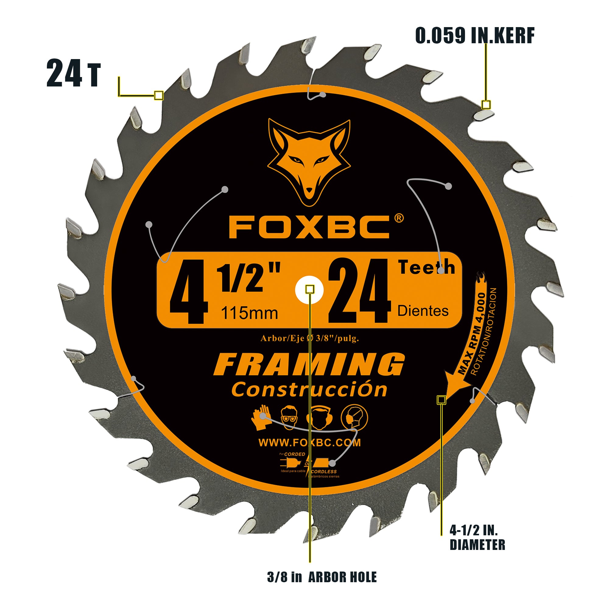 FOXBC 4-1/2 Inch 24T Carbide Circular Saw Blade Framing Wood Cutting with 3/8-Inch Arbor