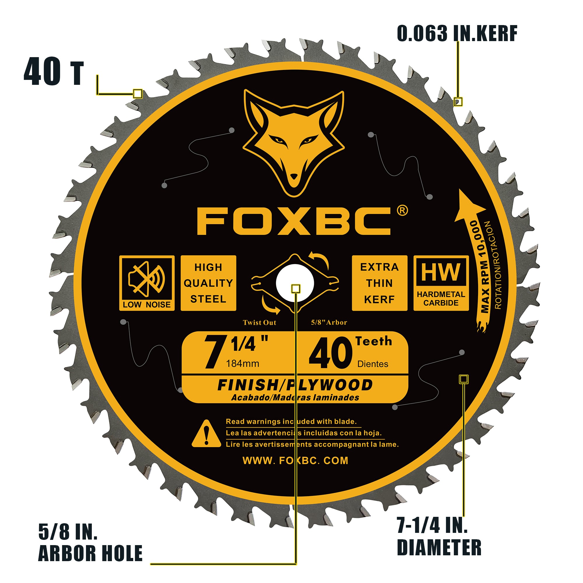 FOXBC 7-1/4" Circular Saw Blade 40 Tooth, Finishing Saw Blade with 5/8" Arbor, Diamond Knockout