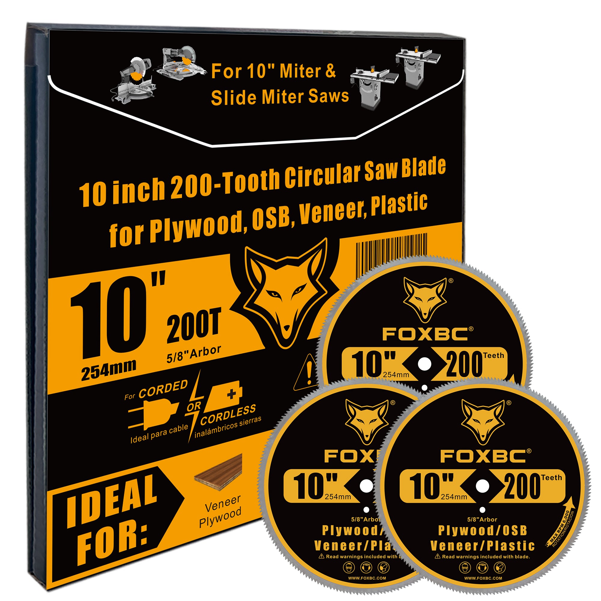 FOXBC 10 inch 200-Tooth Contractor Saw Blade for Plywood, OSB, Veneer, Plastic, Vinyl Siding with 5/8" Arbor - 3 Pack