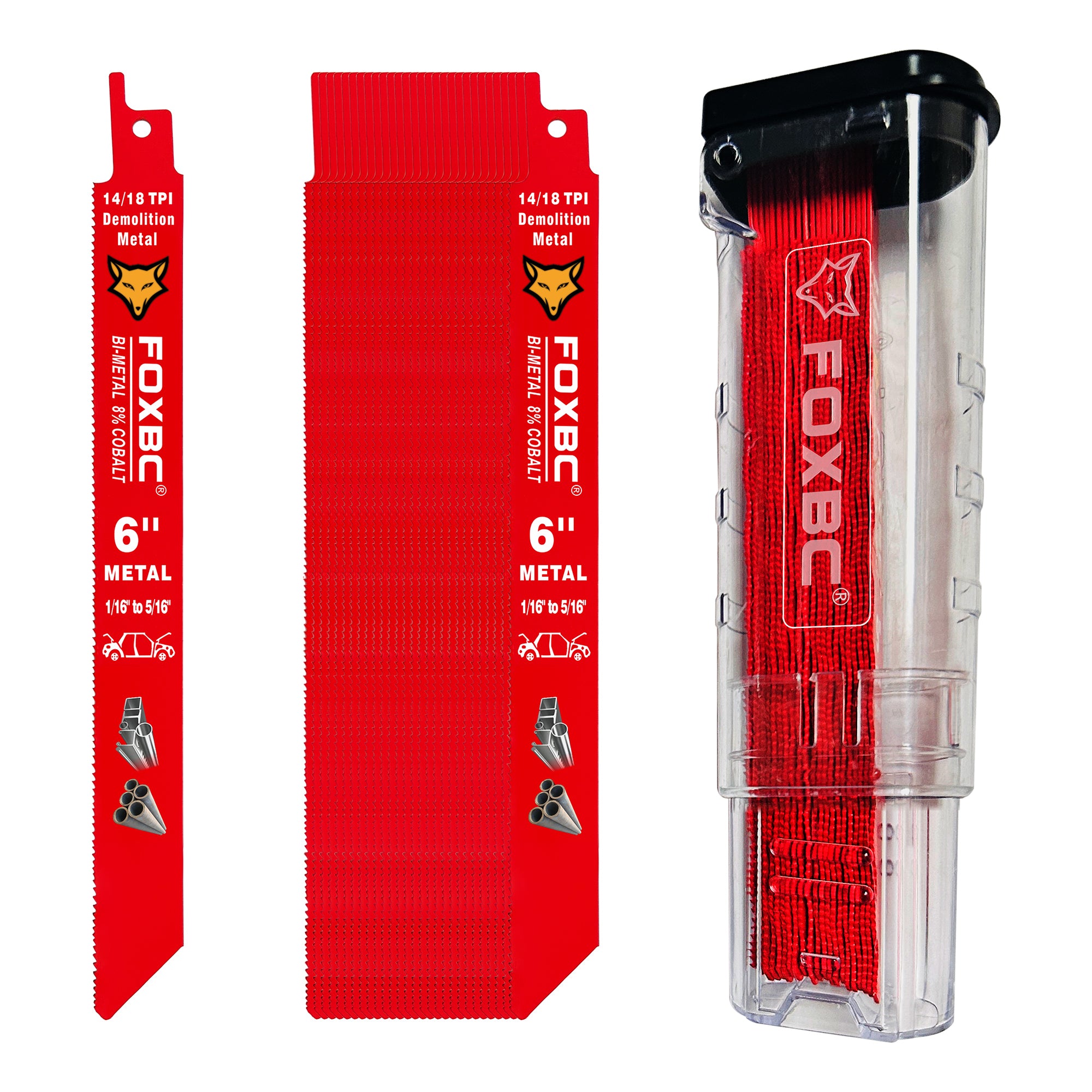 FOXBC 6 Inch 14/18 TPI Demolition Reciprocating Saw Blades for Auto Dismantling, 1/16-5/16 Medium Metals Cutting, Bi-Metal, 25-Pack