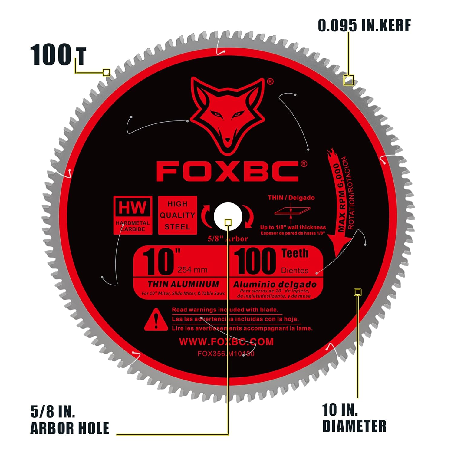 FOXBC 10-Inch Saw Blade 100-Tooth TCG for Aluminum and Non-Ferrous Metal Cutting with 5/8-Inch Arbor