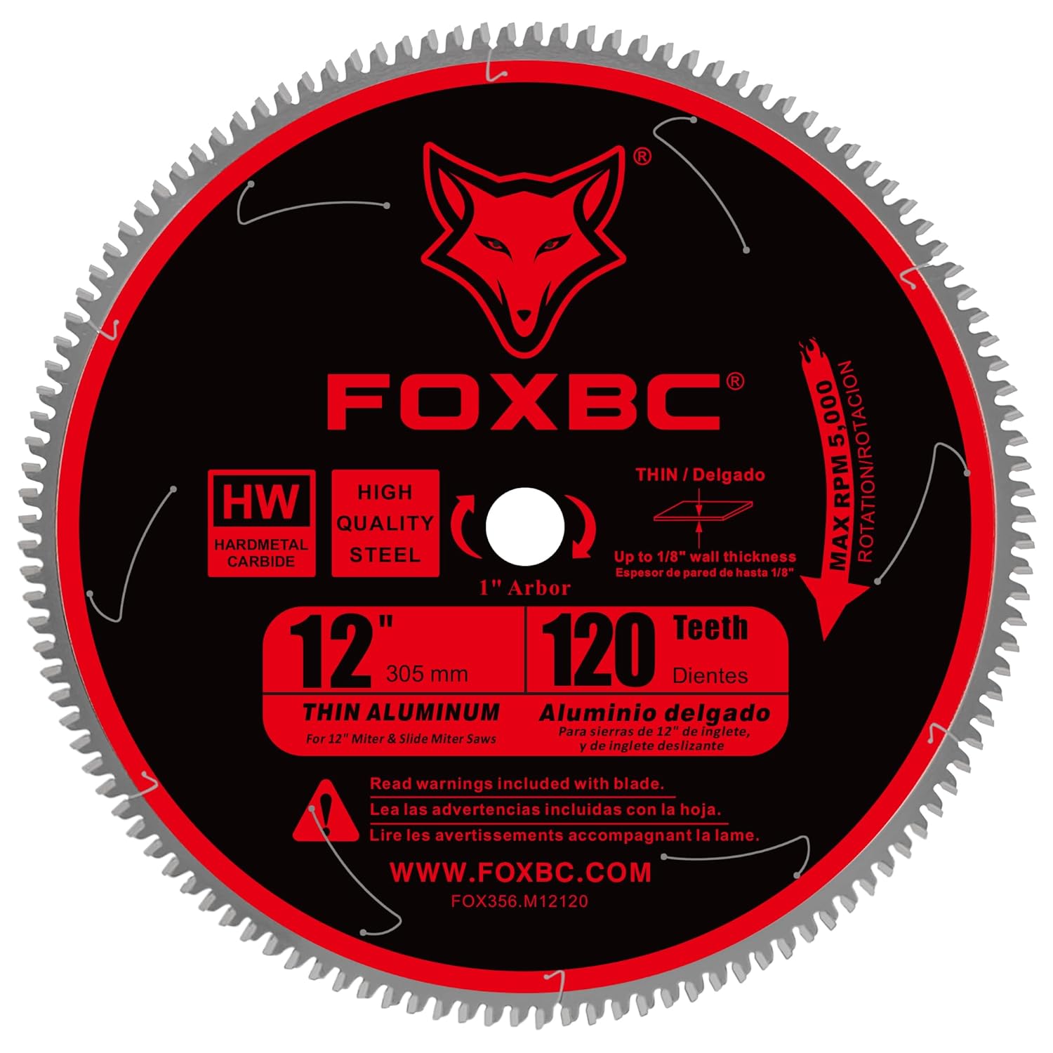 FOXBC 12 Inch Saw Blade for Aluminum Non-Ferrous Metal Cutting, 120T TCG Tooth with 1-Inch Arbor