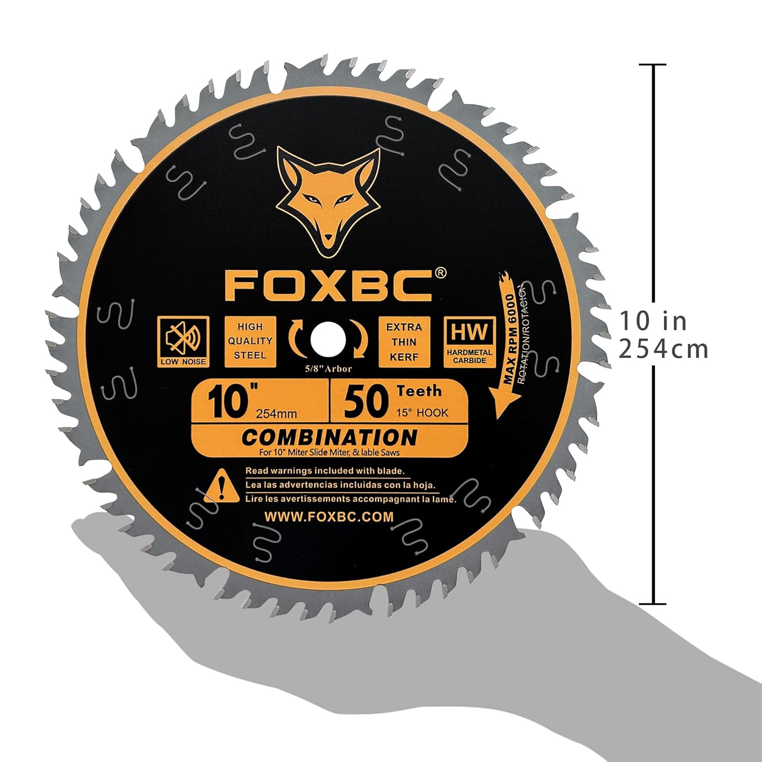 FOXBC 10-Inch Combination Saw Blade, 50-Tooth, Wood Cutting, 5/8-Inch Arbor