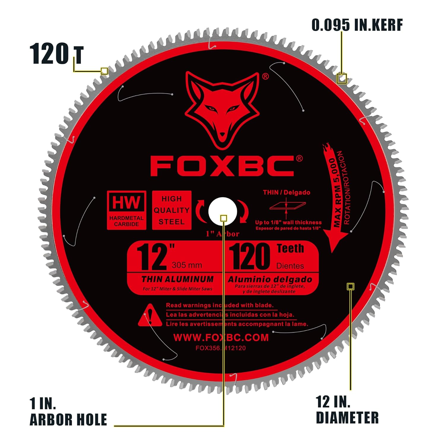 FOXBC 12 Inch Saw Blade for Aluminum Non-Ferrous Metal Cutting, 120T TCG Tooth with 1-Inch Arbor
