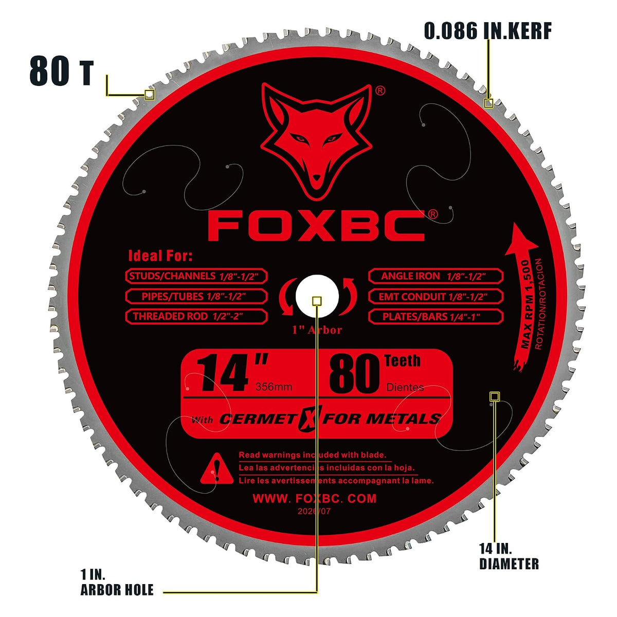 FOXBC 14 Inch Metal Steel Cutting Chop Saw Blade with Thin Metal, 80 Teeth 1500 Max RPM ,Cermet Blades Compatible with S14CPS, S15CPS, S355MCS, S355CPSL, S380CPS, EVOSAW380
