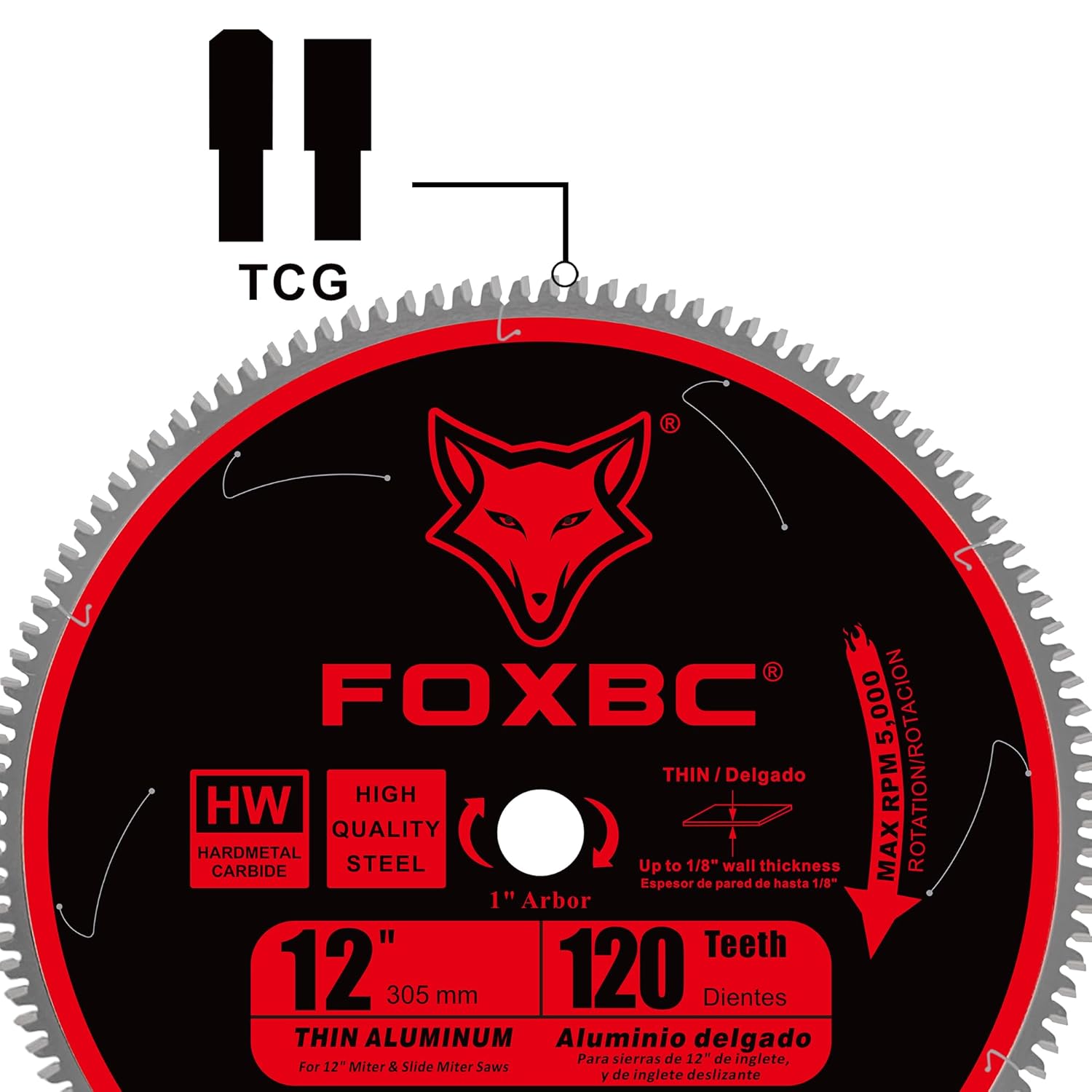 FOXBC 12 Inch Saw Blade for Aluminum Non-Ferrous Metal Cutting, 120T TCG Tooth with 1-Inch Arbor