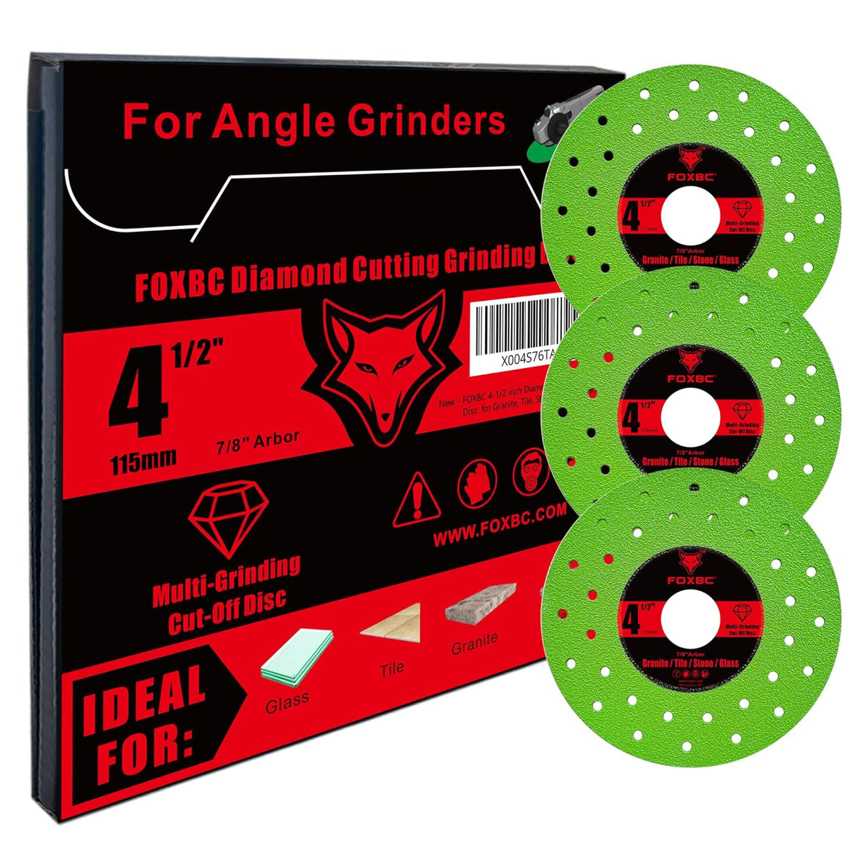 FOXBC 4-1/2 inch Tile Cutter Diamond Saw Blades for Angle Grinder, Multi-Purpose Cut-Off & Grinding Disc for Porcelain, Glass, Ceramic, Marble, Stone, 7/8" Arbor - 3 Pack