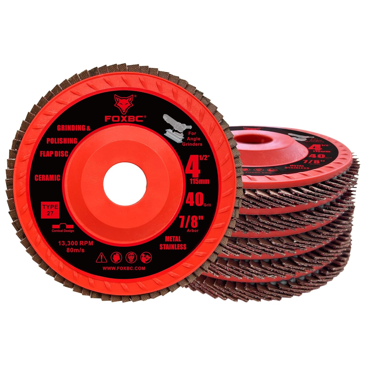 FOXBC 4-1/2 inch Ceramic Flap Disc for Angle Grinder with Speed HUB, 40 Grit, Type 27, Grinding and Polishing for Metal, 5 Pack