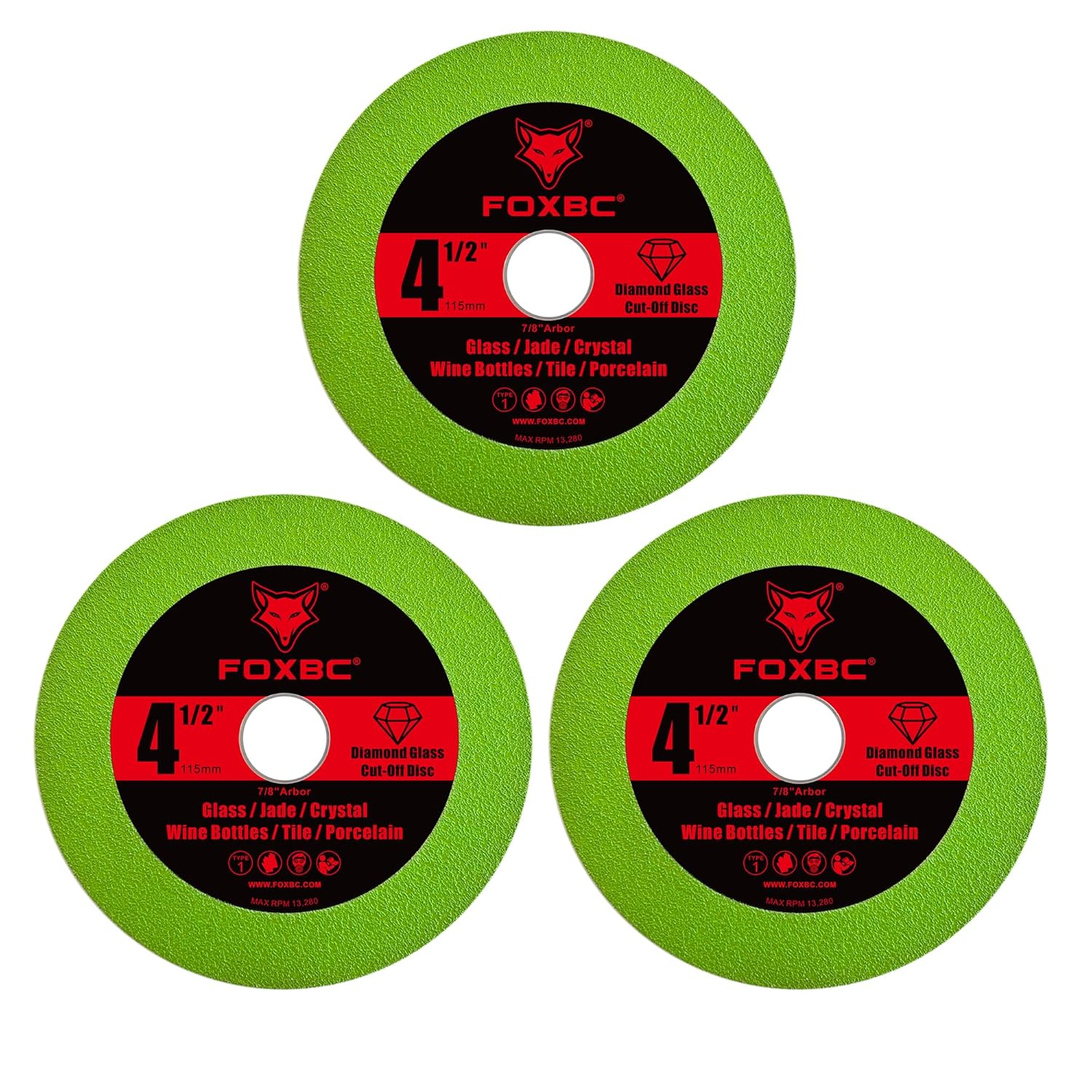 FOXBC 4-1/2 Inch Glass Cutting Disc for Angle Grinders, Diamond Saw Blades Wheel Multi-Material for Grinding Ceramic, Crystal, Tile, Wine Bottle, 7/8" Arbor - 3 Pack