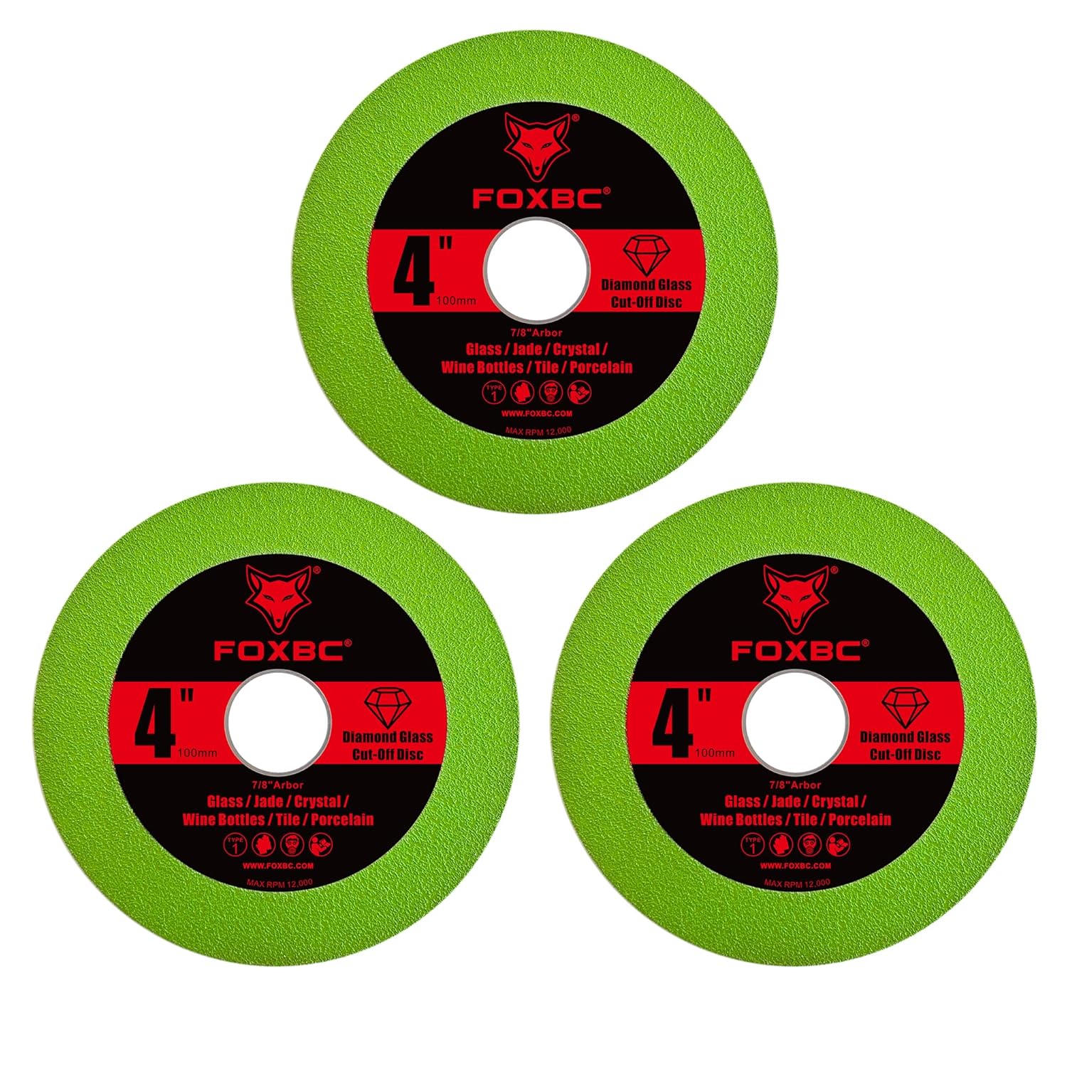 FOXBC Glass Cutting Disc 4 Inch for Angle Grinders, Diamond Saw Blades Wheel Multi-Material for Grinding Ceramic, Crystal, Tile, Wine Bottle, 7/8" Arbor - 3 Pack