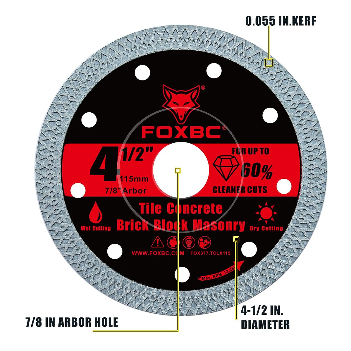 FOXBC 4-1/2 Inch Diamond Tile & Masonry Cut-Off Disc, 7/8" Arbor, 3 Pack