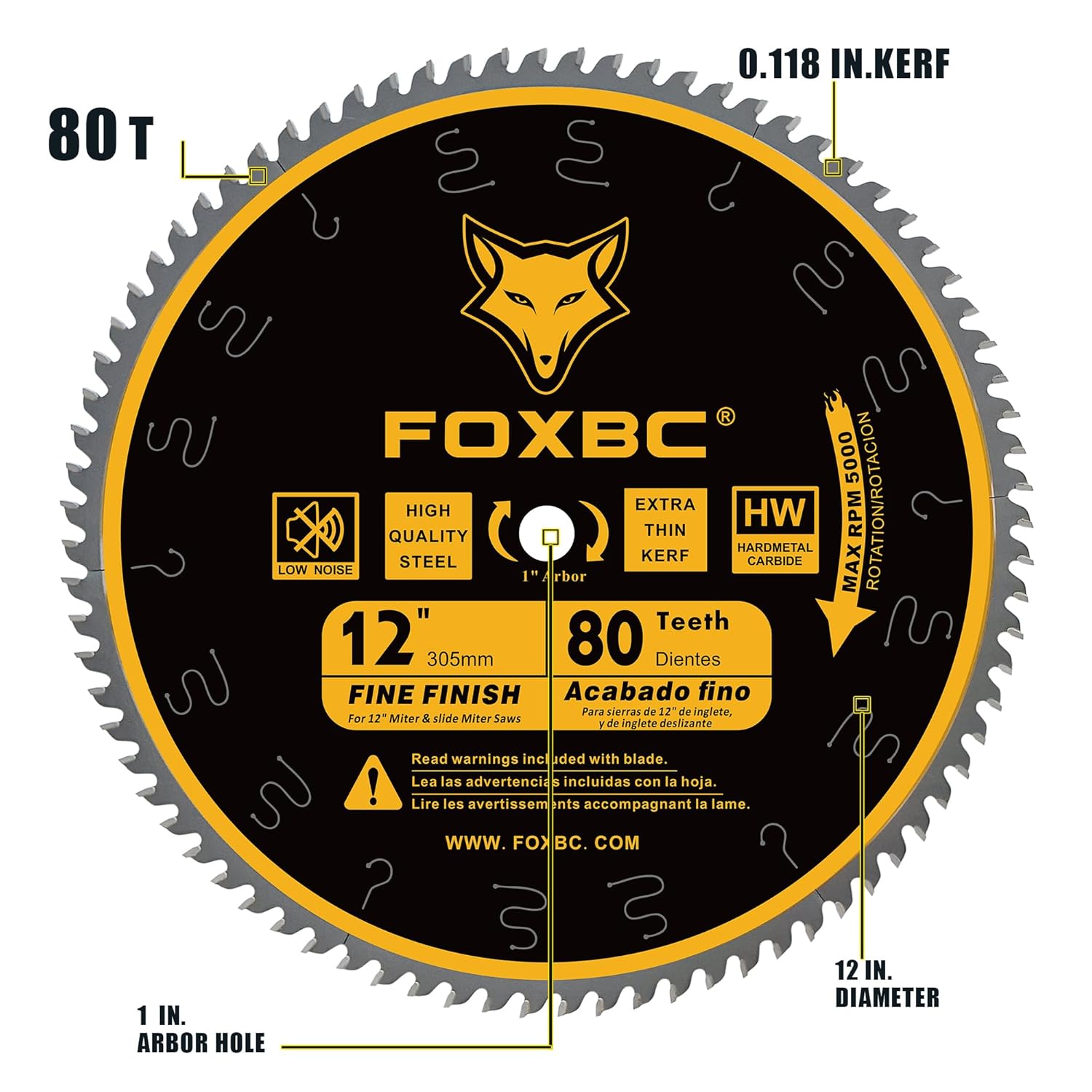 FOXBC 12-Inch Miter Saw Blade 80-Tooth, Crosscutting, Tungsten Carbide