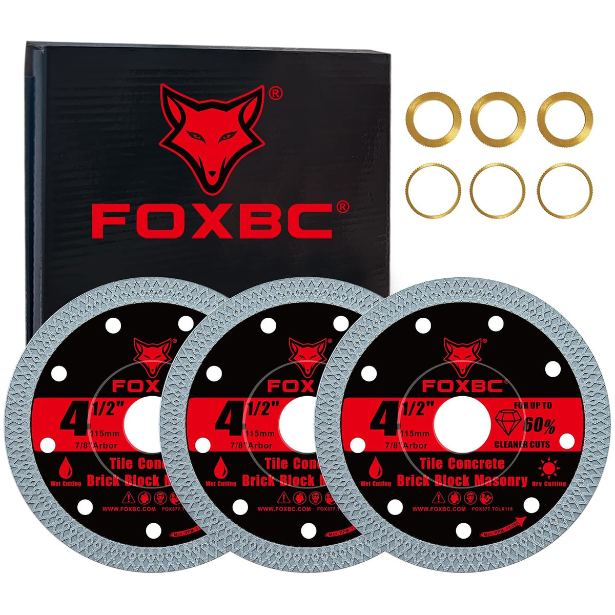 FOXBC 4-1/2 Inch Diamond Tile & Masonry Cut-Off Disc, 7/8" Arbor, 3 Pack