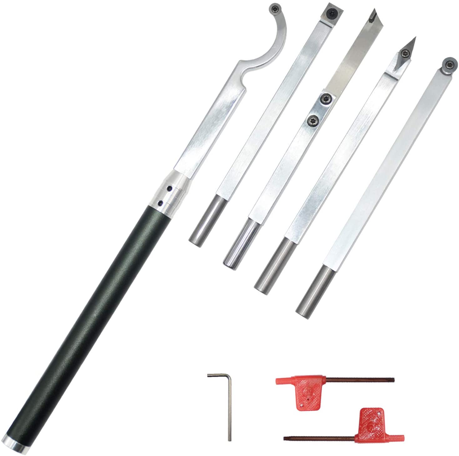 Woodturning tools set Lathe Detailer Swan Neck Hollower Parting Tools and Interchangeable Aluminum Alloy Grip Handle with Carbide Inserts,6pcs